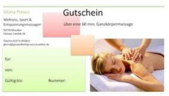 Vorschau des Massage-Gutscheins mit Feldern für „für“, „von“, „Gültig bis“ und „Nummer“